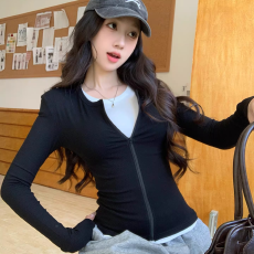 批发欧韩设计感小众撞色拼接假两件长袖T恤女春秋内搭<b class='q'>修身</b>显瘦春新款