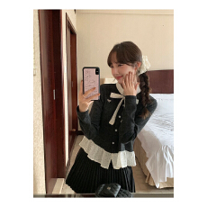 高级感黑色波点荷叶边拼接假两件长袖女立体蝴蝶结针织开衫外套