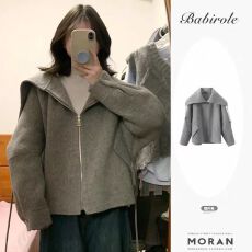 批发韩系<b class='q'>宽松</b>海军领披肩灰色毛呢外套女冬季新款短款小个子呢外套女