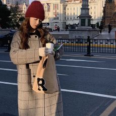 批发欧韩新款拼接复古设计感格子呢子<b class='q'>大</b>衣中长款韩系百搭秋冬<b class='q'>外套</b><b class='q'>女</b>