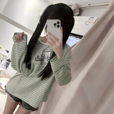 批发纯棉<b class='q'>日系</b>软妹条纹t恤女秋冬新款卡通<b class='q'>甜美</b>长袖上衣