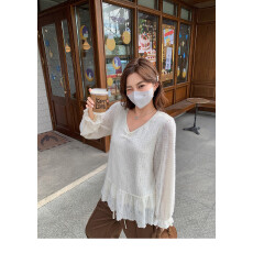 批发欧韩氛围感秋冬内搭甜美V领蕾丝收腰甜美裙摆长袖衬衫新款上衣女