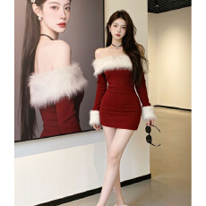 批发法式纯欲风辣妹性感抹胸一字肩连衣裙26冬季小个子紧身包臀短裙