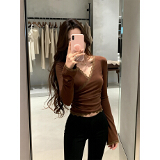 批发人棉磨毛不规则<b class='q'>蕾丝</b>v领长袖t恤女秋冬季纯欲掐腰短款内搭