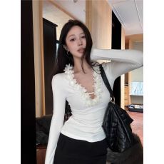 批发螺纹德绒欧韩v领拼接<b class='q'>蕾丝</b>长袖打底衫女春新款修身T恤