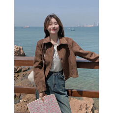 批发美拉德<b class='q'>短款</b>麂皮绒外套女春秋新款韩系休闲复古小个子夹克上衣