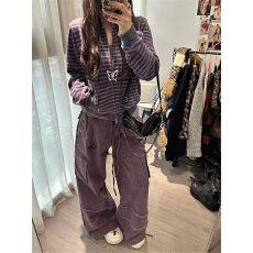 批发米尼刷毛条纹紫灰条纹轻亚风立领短款外套拉链<b class='q'>卫衣</b>夹克上衣女