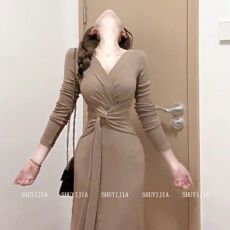 批发法式V领扭结气质显瘦打底包臀裙绑带<b class='q'>长袖</b>不规则收腰温柔系连衣裙