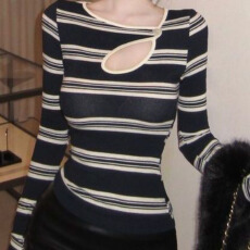 批发欧韩设计感纽扣修身上衣纯欲性感美式条纹长袖<b class='q'>T</b><b class='q'>恤</b>上衣女