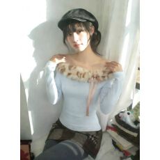 批发螺纹德绒欧韩甜美一字肩毛领长袖<b class='q'>T</b><b class='q'>恤</b>女冬季修身显瘦上衣女