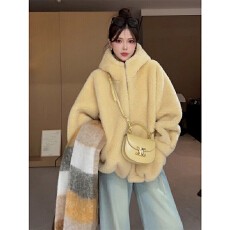 批发秋冬女加厚<b class='q'>短款</b>连帽麂皮绒羊羔毛仿皮毛一体环保<b class='q'>皮草</b>外套