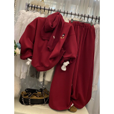 批发<b class='q'>休闲</b>慵懒风圆领刺绣卫衣套装女高腰显瘦阔腿裤加绒两件套