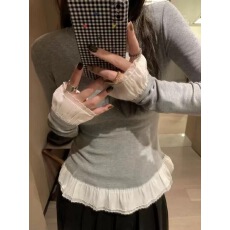 批发欧韩时尚下摆木耳边拼接长袖<b class='q'>T</b><b class='q'>恤</b>女甜美芭蕾风花边打底上衣女