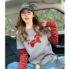 批发羊毛绒2026新款毛巾绣卡通长袖T恤女条纹拼接百搭显瘦上衣