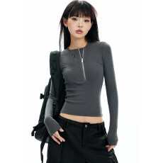美式复古长袖T恤设计感小众享利领拉链修身内搭外穿上衣女