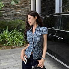 批发美式韩系修身显瘦格子短袖辣妹收腰<b class='q'>气质</b>夏季<b class='q'>衬衫</b>女上衣设计感<b class='q'>衬衣</b>