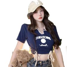 批发高弹螺纹欧韩新款辣妹短款修身显瘦撞色polo领抽绳收腰T恤女