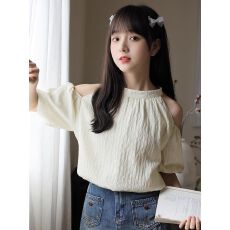 加防透内衬夏季新款气质流苏挂脖露肩短袖衬衫女宽松显瘦法式泡