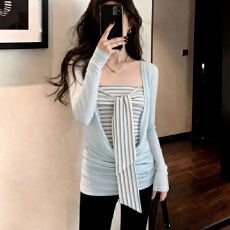 批发莱赛尔<b class='q'>羊绒</b>荡领长袖罩衫两件套女绑带条纹抹胸收腰上衣