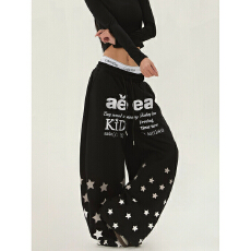 原版纯棉华棉复合面料字母刺绣星星印花卫裤女