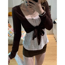 批发羊绒欧韩时尚设计感新款夏季氛围感绑带长袖开衫波点上衣<b class='q'>女</b>两件套