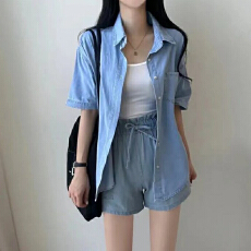 批发欧韩高级感仿牛仔套装女夏季宽松休闲<b class='q'>运动服</b>短袖<b class='q'>衬衫</b>短裤两件套女