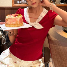 批发260g欧韩时尚设计红色波点<b class='q'>娃娃领</b>修身短袖<b class='q'>t</b><b class='q'>恤</b>女新款上衣女