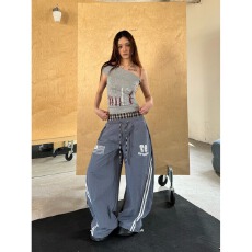 批发美式复古<b class='q'>运动</b>风双腰头阔腿速干裤格纹拼接弯刀<b class='q'>宽松</b>休闲裤