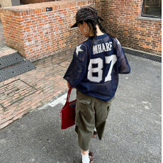 批发欧韩时尚设计新款印花镂空网眼短袖球衣T恤<b class='q'>宽松</b><b class='q'>运动</b>外搭罩衫女夏