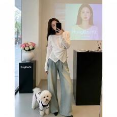 批发雪花棉亚麻面料原版做工韩系不规则<b class='q'>长袖</b><b class='q'>T</b><b class='q'>恤</b>设计感开叉新款上衣女