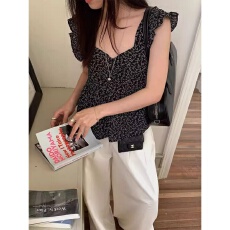 批发皱皱格欧韩时尚设计温柔减龄俏皮复古<b class='q'>小</b>碎花韩系系带新款上衣女