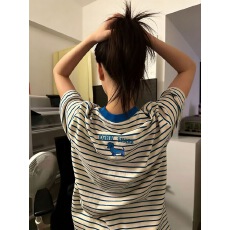 批发面料280克刺绣+内里铺布高质量欧韩<b class='q'>时尚</b>设计条纹新款短袖上衣女