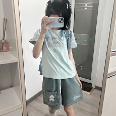 批发210克95棉40s奥戴尔欧韩时尚设计新款小海豚格纹泡泡袖短袖上衣女