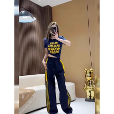 批发防棉230克夏季休闲搭配印花短款上衣条纹高腰卫裤显瘦两件套装<b class='q'>女</b>