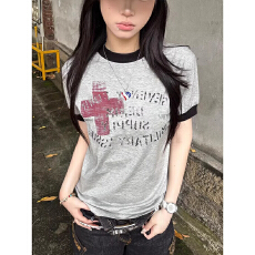 批发莫代尔棉美式复古<b class='q'>街头</b>摇滚t恤女朋克印花正肩短袖新款上衣女