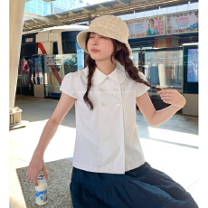 批发纯棉面料夏季复古双排扣正肩娃娃领村衫短袖女收腰设计感新款<b class='q'>韩版</b>