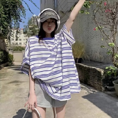 批发94棉6氨纶面料韩版设计新款百搭休闲上衣条纹短袖上衣女夏装