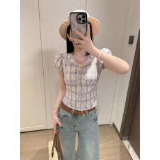 批发原版色织格有内里韩版新款减龄紫色格子系带泡泡袖衬衫女上衣