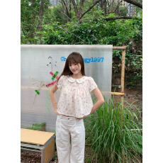 批发高质量碎花彼得潘翻领衬衫宽松休闲百搭上衣短袖女