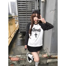 批发原版做工（纯棉220克 ）韩版新款波点拼接长袖<b class='q'>t</b><b class='q'>恤</b>女