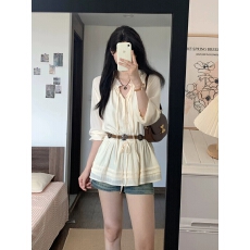 批发送腰带 原版面料 <b class='q'>韩版</b>新款木耳边抽绳长袖<b class='q'>衬衫</b>女2026秋季收腰气质