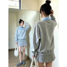 批发韩版新款<b class='q'>秋</b>冬通勤风高级感小众撞色假两件上衣短裙chic百搭两件套