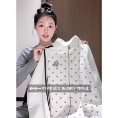 批发华棉复合薄款秋冬季开衫女款韩系波点立领宽松上衣休闲长袖卫衣外