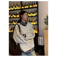 批发韩版复古棒球服外套女撞色条纹立领宽松学院风休闲运动卫衣外套女