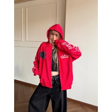批发华棉复合350克双层帽美式新款设计条纹刺绣连帽<b class='q'>长袖</b>卫衣外套女