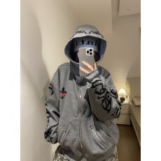 批发美式复古通勤灰色宽松新款连帽开衫卫衣女秋季慵懒风宽松外套长袖
