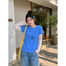 批发210克40支<b class='q'>纯棉</b>假两件涂鸦印花长袖<b class='q'>T</b><b class='q'>恤</b>女修身上衣