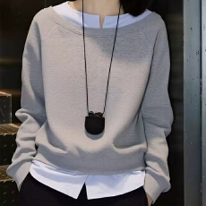 批发纯棉曼巴棉360克韩版新款设计撞色假两件<b class='q'>套头卫衣</b>宽松上衣女