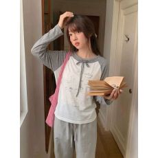 260克人棉莫代尔韩版新款撞色系带插肩涂鸦印花长袖T恤上衣女