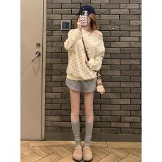 批发曼巴棉韩版新款<b class='q'>碎花</b>斜肩长袖T恤女宽松露肩卫衣女